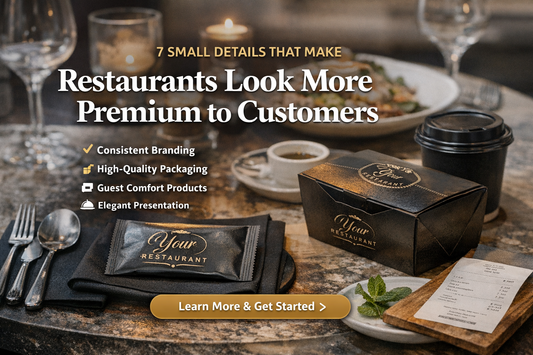 Premium restaurant table setup featuring branded takeaway packaging, custom wet wipes, elegant table presentation, and luxury dining atmosphere highlighting premium customer experience.