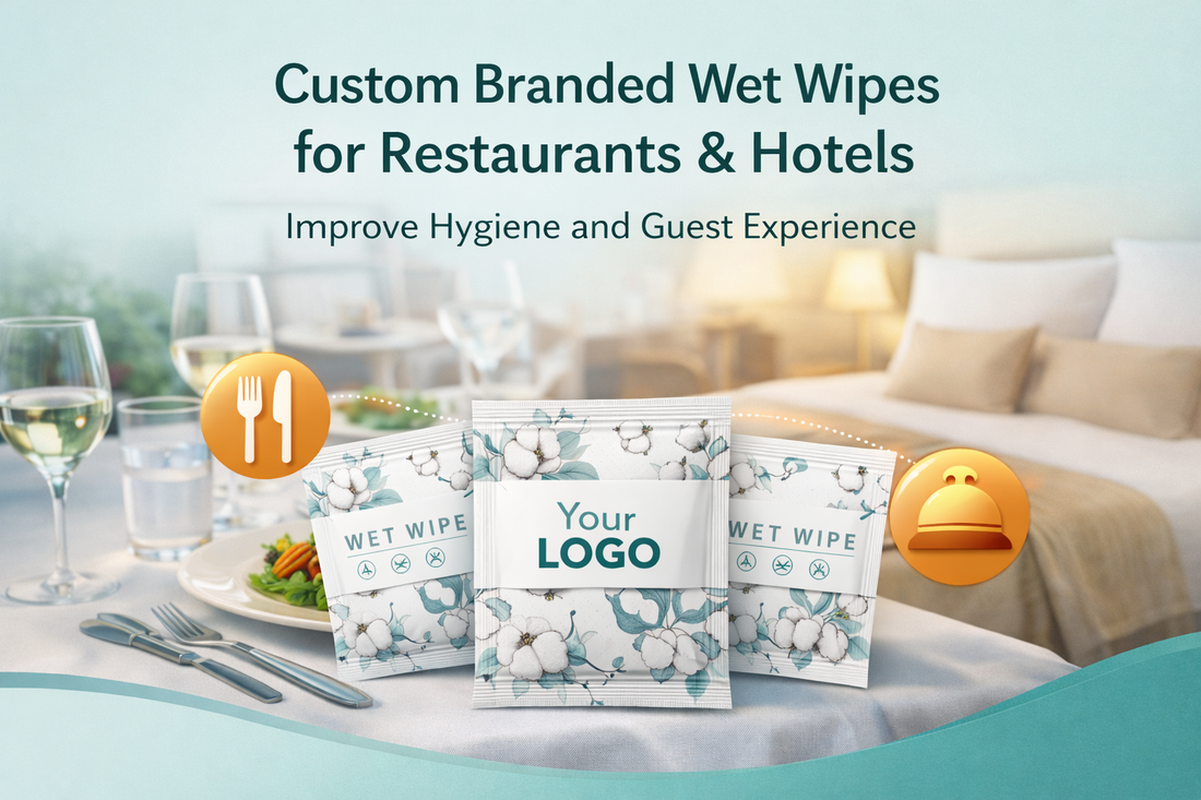 Custom branded wet wipes for restaurants and hotels displayed on a dining table to enhance guest hygiene and hospitality experience