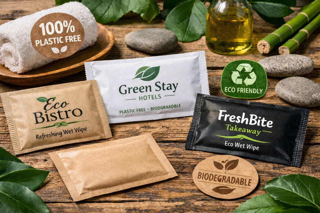 Plastic-free custom branded wet wipes designed for restaurants, hotels, and takeaway businesses displayed in an eco-friendly hospitality setting.