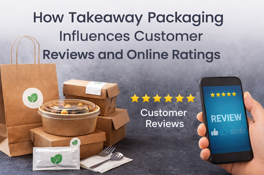 Takeaway food packaging with branded paper bags, containers, and wet wipes displayed beside a smartphone showing positive customer reviews and five-star rating.